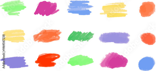 Set of sixteen pastel brush strokes and splatters in vibrant colors, including green, pink, blue, yellow, orange, and purple. Ideal for creative projects and digital designs