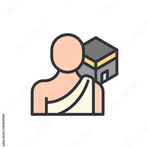Illustrative icon depicting muslim pilgrim and the holy Kaaba in mecca