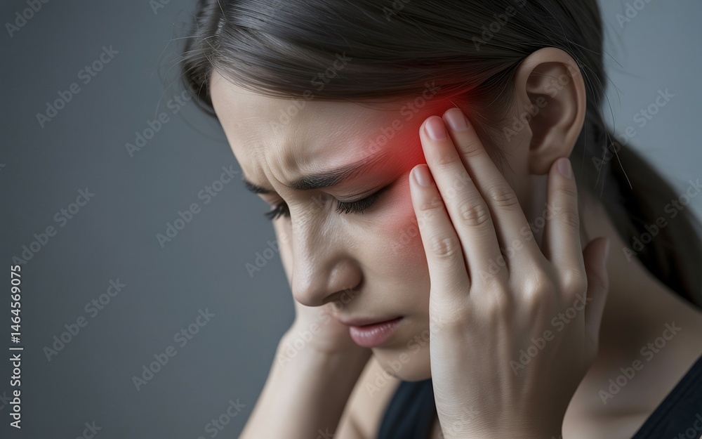 Fototapeta premium Woman with headache touching head, migraine pain concept.