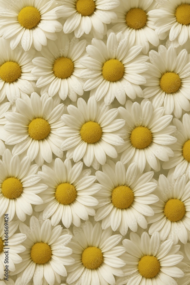 A cheerful, tightly packed arrangement of blooming daisies fills the frame with their classic white petals and bright yellow centers. This seamless floral pattern radiates positivity and freshness A cheerful, tightly packed arrangement of blooming daisies fills the frame with their classic white petals and bright yellow centers. This seamless floral pattern radiates positivity and freshness