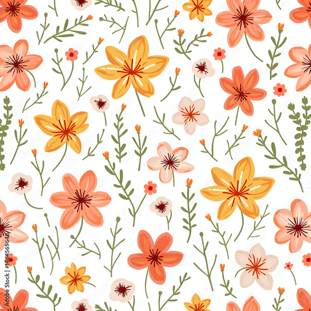Seamless texture flowers orange. seamless pattern with poppies, Floral pattern. Pretty flowers on a white background. Printing with small orange, red, and pink flowers. Seamless texture flowers orange. seamless pattern with poppies, Floral pattern. Pretty flowers on a white background. Printing with small orange, red, and pink flowers.