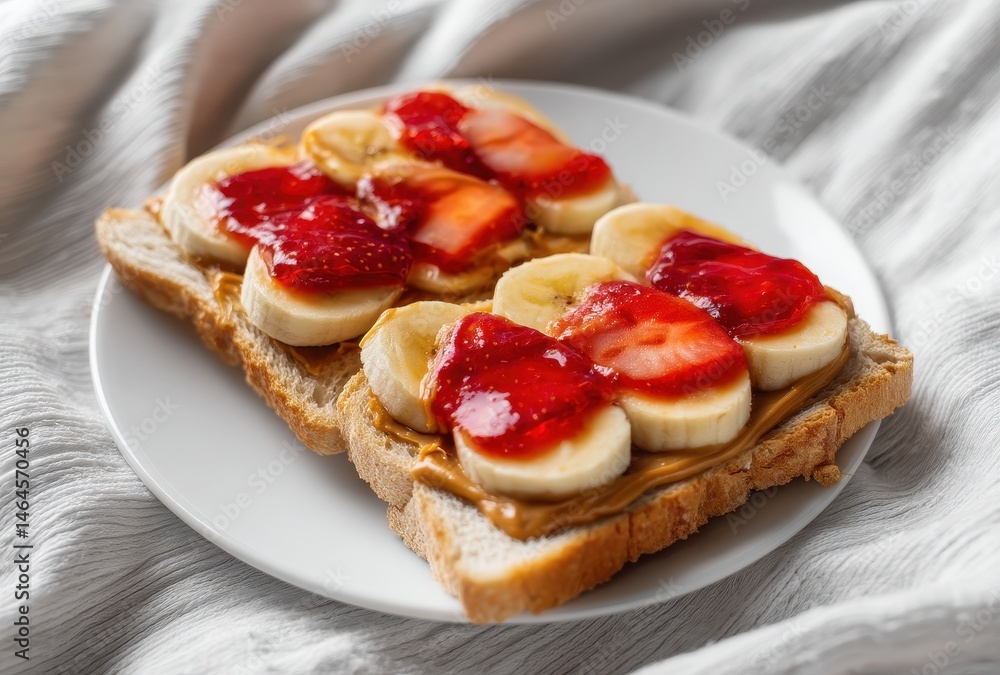 Fresh Bread with Slices of Banana and Strawberries Topped with Strawberry Jam and Peanut Butter on a White Plate with Gray Textured Background Fresh Bread with Slices of Banana and Strawberries Topped with Strawberry Jam and Peanut Butter on a White Plate with Gray Textured Background
