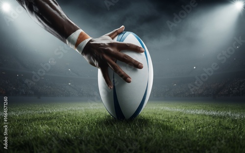 Hand holding a rugby ball on the grass field in the stadium.