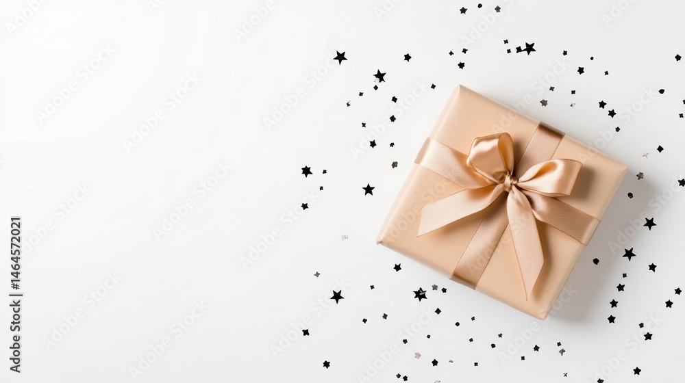 The image showcases a beautifully wrapped gift box adorned with a satin ribbon, surrounded by sparkling black confetti, creating a festive and celebratory mood for all occasions. The image showcases a beautifully wrapped gift box adorned with a satin ribbon, surrounded by sparkling black confetti, creating a festive and celebratory mood for all occasions.