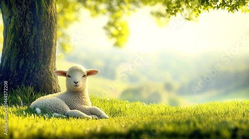 A Little Lamb's Peaceful Moment: Resting Under the Warmth of a Sunny Tree