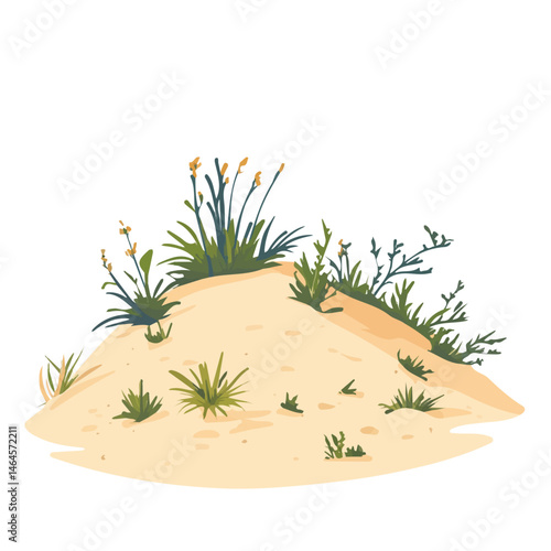 A Sandy Dune With Sparse Vegetation 2D flat vector illustration, isolated on a white background.