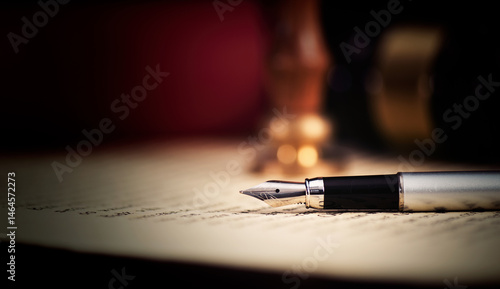 Fountain pen on desk. Notary public
