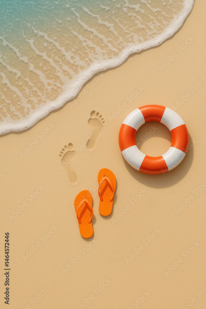 Naklejka premium An overhead view of a tranquil beach scene shows the shoreline with soft waves, a pair of orange flip-flops, distinct footprints in the sand, and a red-and-white lifebuoy placed nearby. 