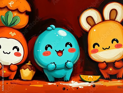 Cute cartoon characters with happy scene.