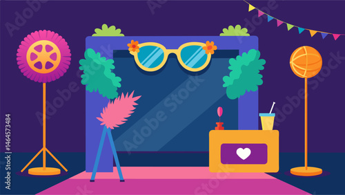 A photo booth is set up in a corner with props like oversized sunglasses feather boas and peace signs. Guests can snap fun and silly photos adding to. Vector illustration
