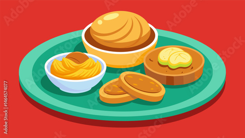 A colorful platter of smooth velvety nut butters accompanied by crisp buttery crackers.. Vector illustration