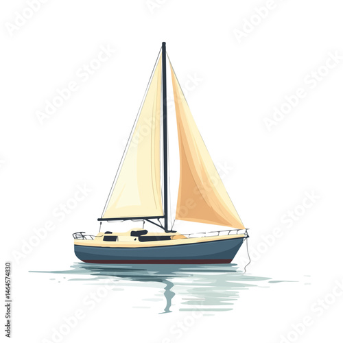 A Small Sailboat Floating In Calm Waters 2D flat vector illustration, isolated on a white background.