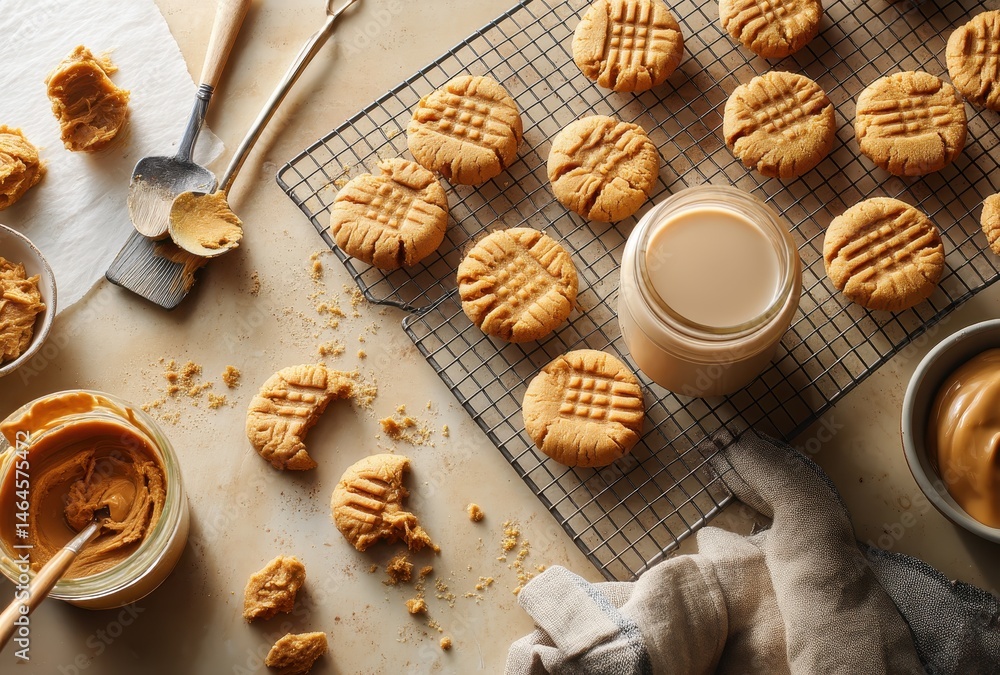 Fototapeta premium Freshly Baked Peanut Butter Cookies on a Cooling Rack Surrounded by Ingredients and Splatters on a Marble Countertop