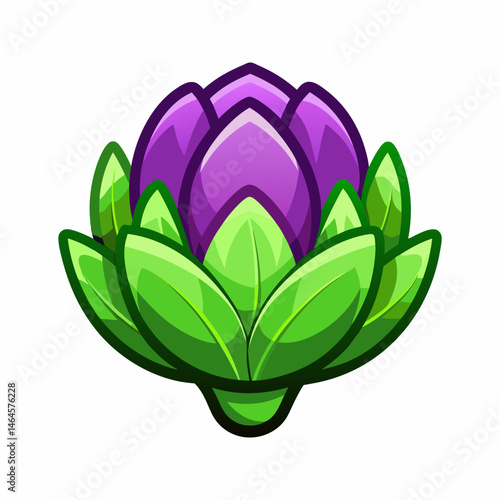 Vibrant Artichoke.  Close.up View of Purple Flower and Green Leaves