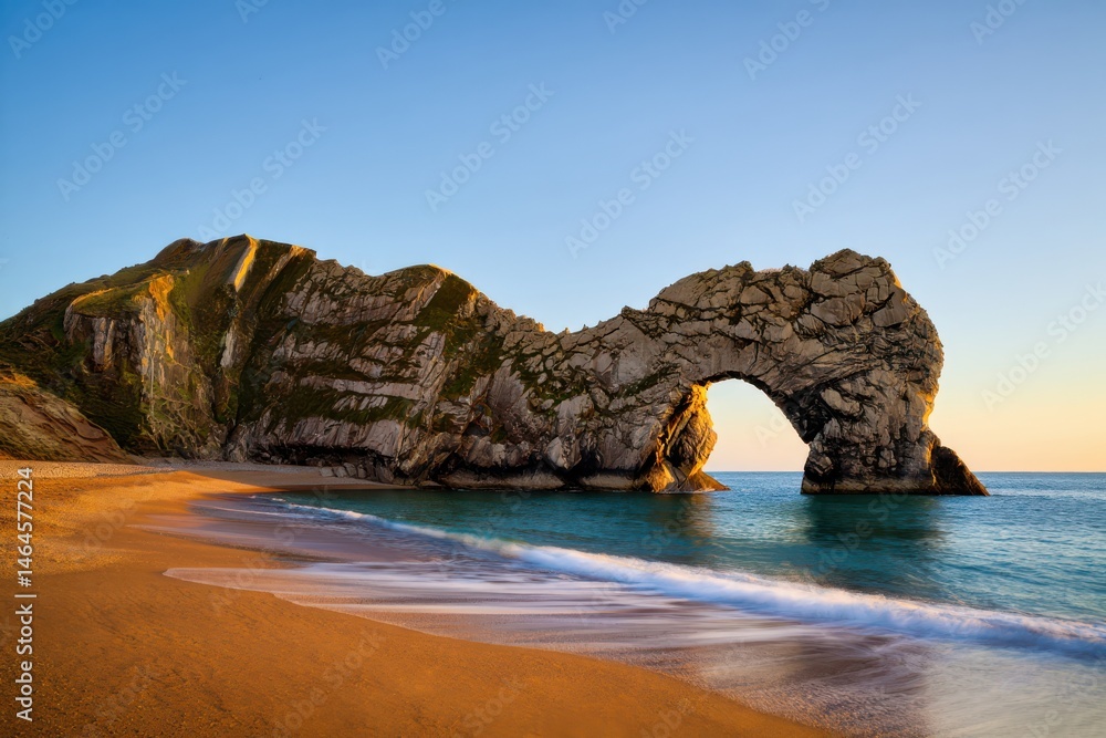 stands majestically against the backdrop of a vibrant sunset, with gentle waves lapping at the sandy beach. The landscape showcases rugged cliffs and serene ocean views