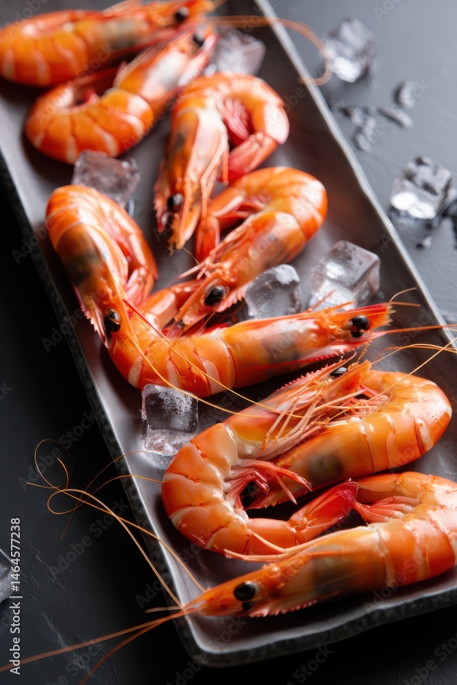 Succulent shrimp arranged neatly on a rectangular platter, resting on a bed of crushed ice. The glistening seafood showcases vibrant colors and freshness, ideal for a gourmet meal