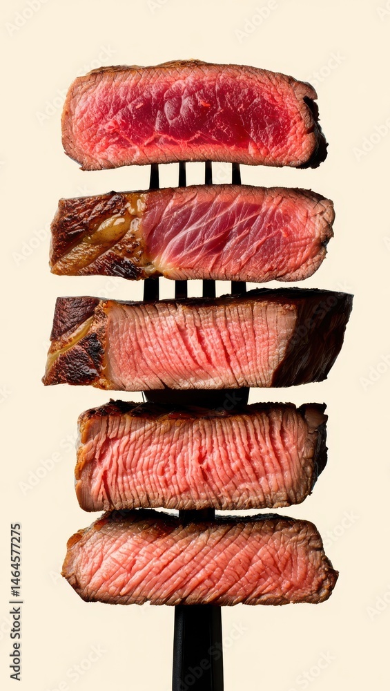 Various cuts of steak are displayed prominently on a fork, showcasing different levels of doneness and unique textures. The arrangement highlights the contrast in color and marbling