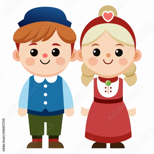 Adorable Cartoon Danish Children in Traditional Costumes
