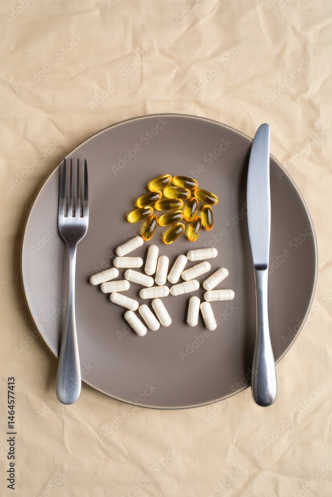Various health supplements are laid out on a gray plate with a fork and knife. Soft lighting enhances the sleek arrangement of vitamins and fish oil capsules, creating a minimalist aesthetic