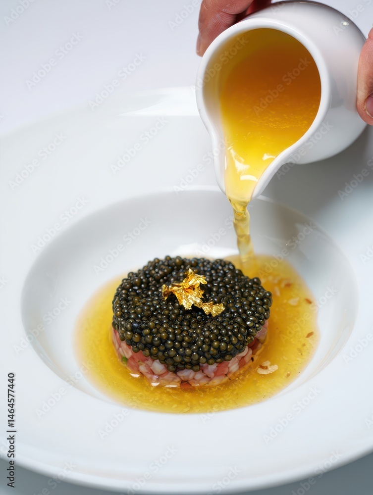 A skilled chef pours a luxurious sauce over a beautifully plated gourmet dish featuring caviar and finely chopped ingredients. The elegant presentation highlights the culinary artistry
