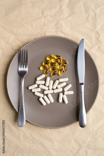 Obraz na płótnie Various health supplements are laid out on a gray plate with a fork and knife. Soft lighting enhances the sleek arrangement of vitamins and fish oil capsules, creating a minimalist aesthetic w salonie