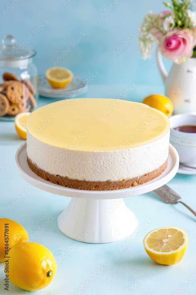 A beautifully crafted lemon cheesecake sits elegantly on a cake stand, surrounded by fresh lemons, a jar of cookies, and a cup of tea, creating a cheerful dessert display