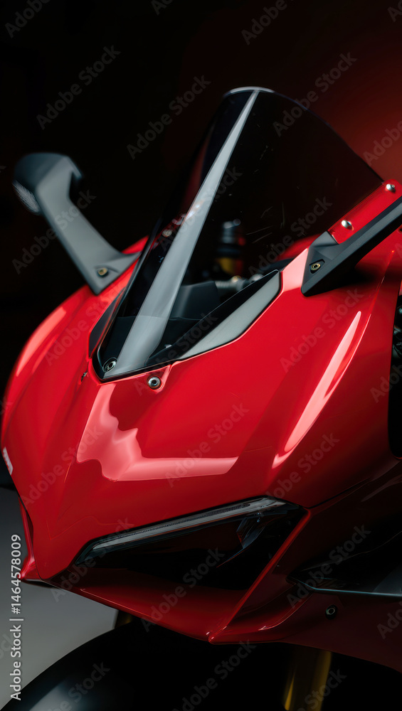 A sleek red sport motorcycle is prominently displayed with a focus on its aerodynamic bodywork and modern design elements against a dramatic background