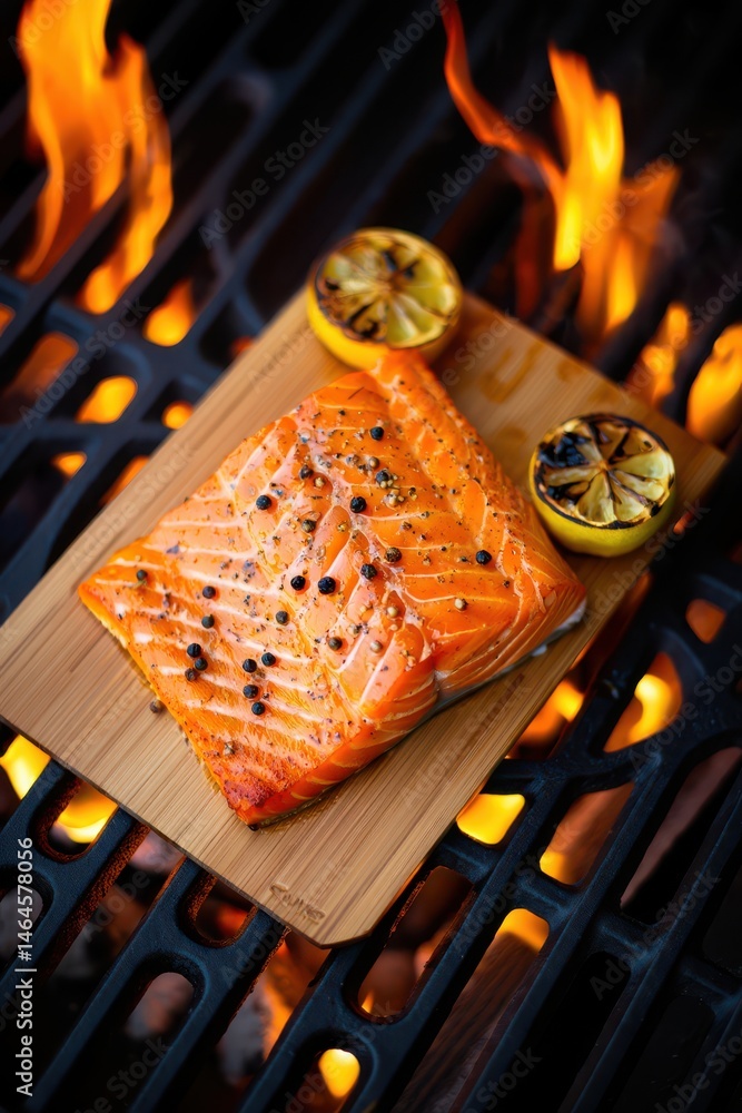 Salmon fillet is carefully grilled over open flames, creating a smoky aroma while two charred lemon halves add a zesty touch to the dish. The warm summer ambiance enhances the experience