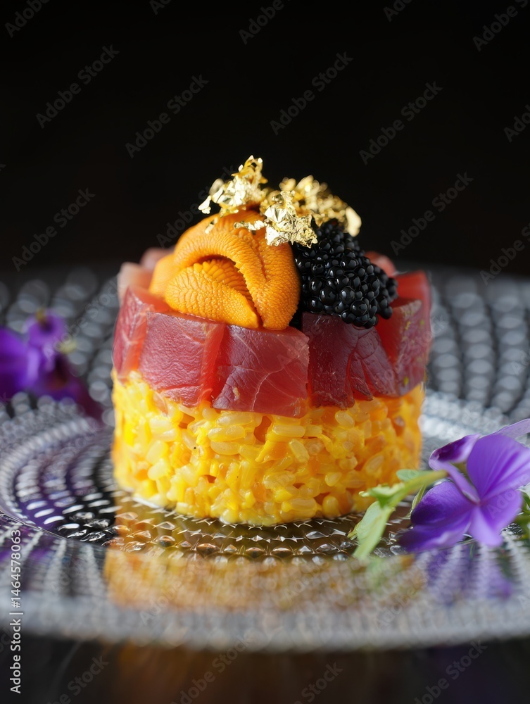 A beautifully presented dish showcases layers of sushi rice topped with vibrant tuna, sea urchin, and caviar. Edible flowers enhance the visual appeal, creating a gourmet experience