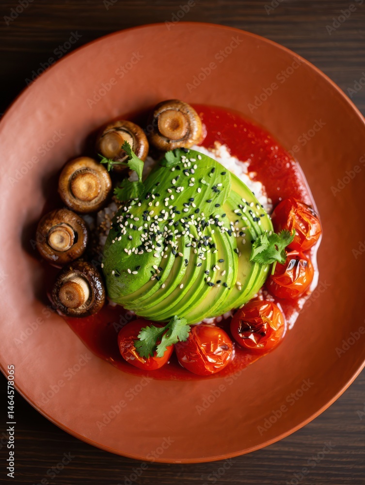 An exquisite dish featuring sliced avocado atop a bed of rice, complemented by roasted cherry tomatoes and mushrooms, finished with sesame seeds and fresh herbs