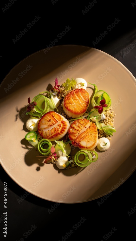 Three perfectly seared scallops are artfully presented on a bed of fresh greens and garnishes, showcasing culinary artistry. The vibrant colors enhance the dish's appeal, ideal for fine dining