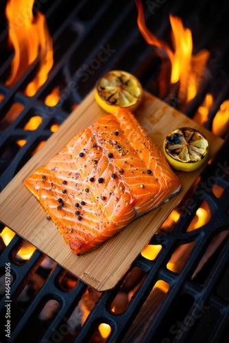 Obraz na płótnie Salmon fillet is carefully grilled over open flames, creating a smoky aroma while two charred lemon halves add a zesty touch to the dish. The warm summer ambiance enhances the experience w salonie