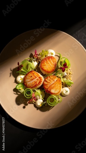 Obraz na płótnie Three perfectly seared scallops are artfully presented on a bed of fresh greens and garnishes, showcasing culinary artistry. The vibrant colors enhance the dish's appeal, ideal for fine dining w salonie