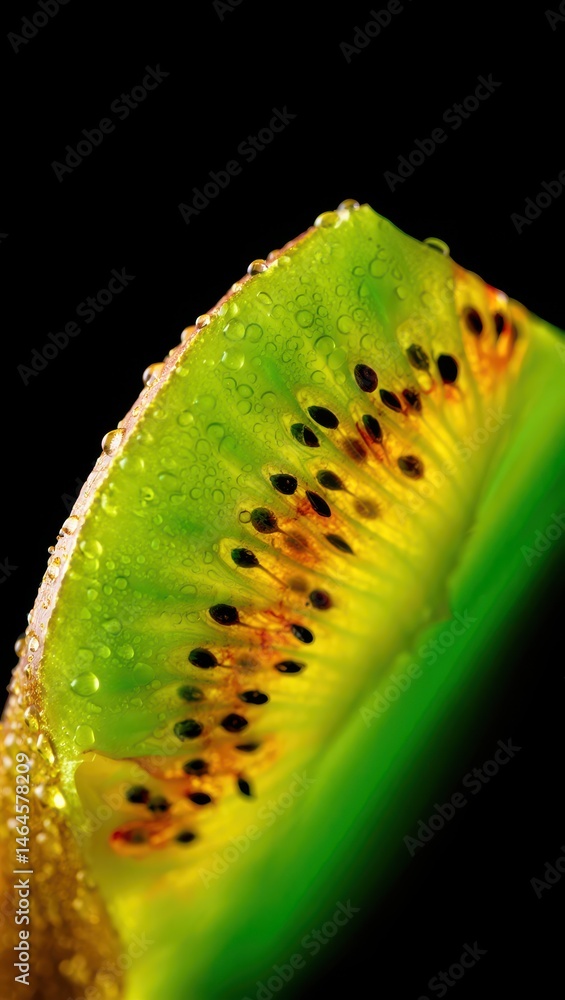A vibrant green slice of kiwi reveals its juicy interior filled with tiny black seeds. Water droplets cling to the surface, showcasing its freshness against a dark backdrop