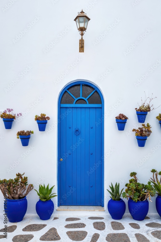 A vibrant blue door is the focal point of a white wall adorned with colorful pots of plants in Santorini