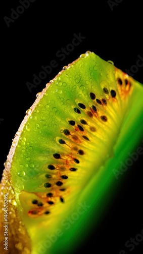 Obraz na płótnie A vibrant green slice of kiwi reveals its juicy interior filled with tiny black seeds. Water droplets cling to the surface, showcasing its freshness against a dark backdrop w salonie