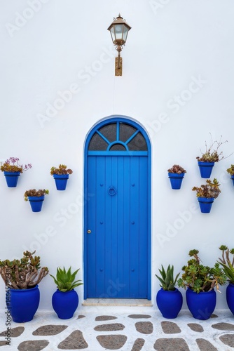 Obraz na płótnie A vibrant blue door is the focal point of a white wall adorned with colorful pots of plants in Santorini w salonie