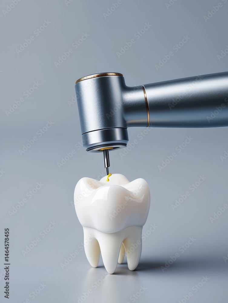A dental handpiece approaches a white tooth model, showcasing preparation for procedure in a modern clinic. The focus is on dental tools used in patient care