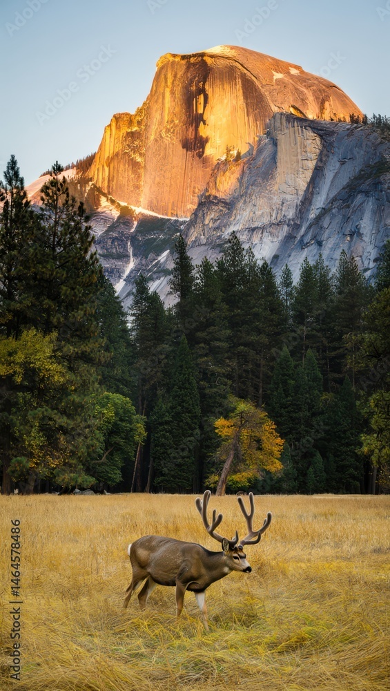 A deer stands in a golden meadow, peacefully grazing as the sun sets behind a towering mountain. Vibrant autumn colors surround the serene landscape, creating a picturesque scene