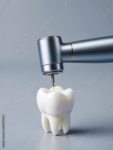 Obraz na płótnie A dental handpiece approaches a white tooth model, showcasing preparation for procedure in a modern clinic. The focus is on dental tools used in patient care w salonie