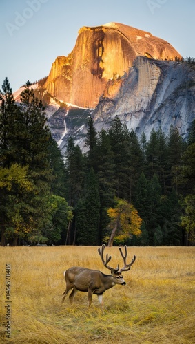 Obraz na płótnie A deer stands in a golden meadow, peacefully grazing as the sun sets behind a towering mountain. Vibrant autumn colors surround the serene landscape, creating a picturesque scene w salonie