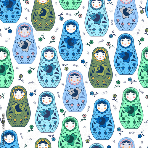 Seamless pattern with Babushka-matryoshka. Traditional Russian wooden nesting doll with painted flowers.