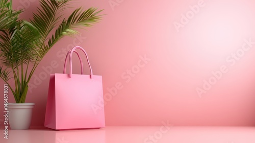 This image features a sleek pink shopping bag placed beside a potted palm, capturing an aesthetic blend of colors and textures that's perfect for lifestyle branding or retail.