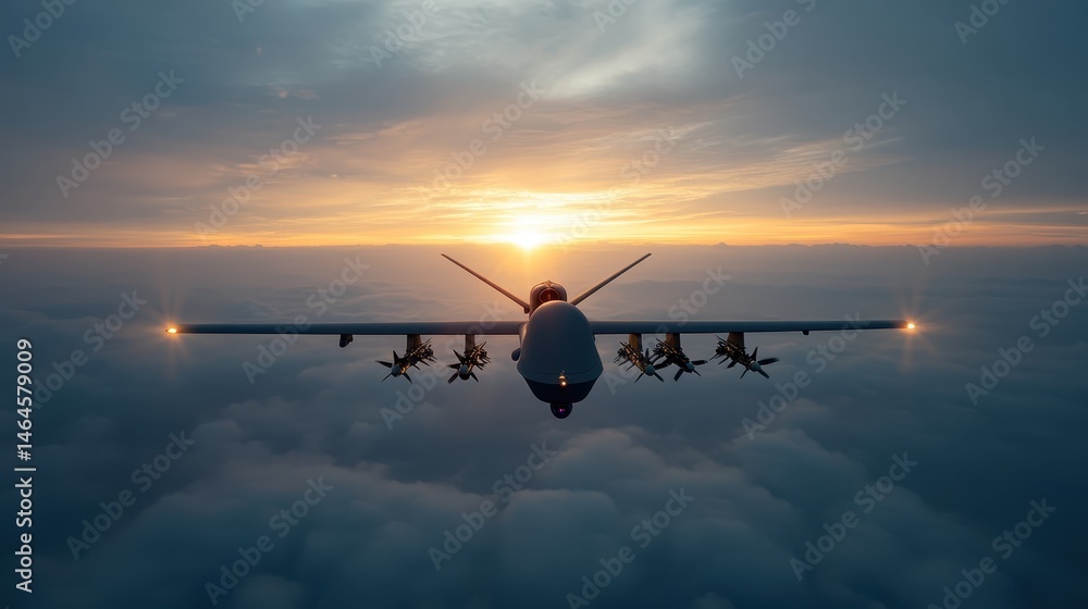 An impressive aerial view of a drone soaring through the clouds as the sun sets, showcasing technology and the beauty of nature combined in harmony. An impressive aerial view of a drone soaring through the clouds as the sun sets, showcasing technology and the beauty of nature combined in harmony.