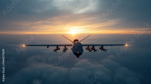 An impressive aerial view of a drone soaring through the clouds as the sun sets, showcasing technology and the beauty of nature combined in harmony.