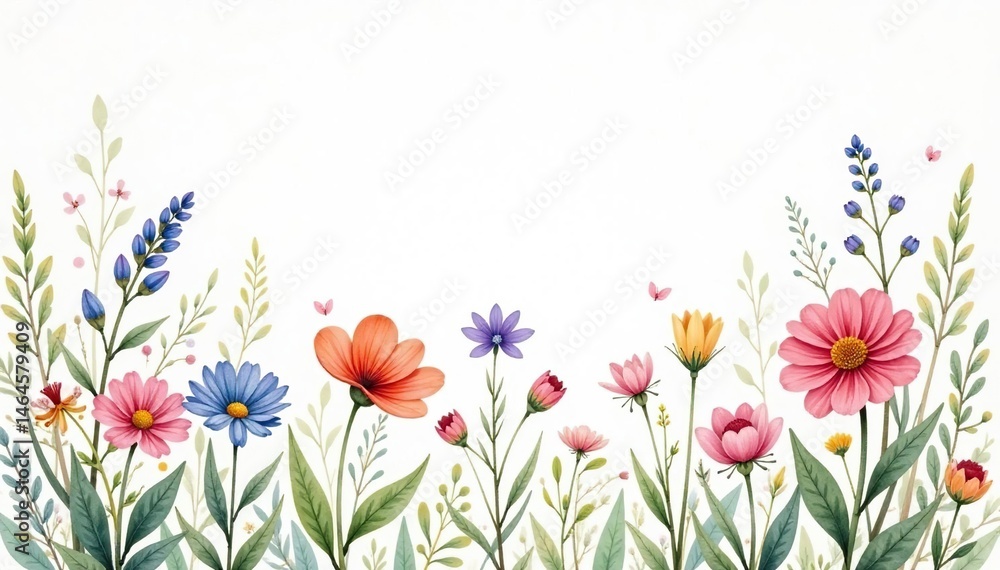 Naklejka premium Delicate watercolor wildflowers, soft pastel shades, scattered evenly, flowers, meadow, light