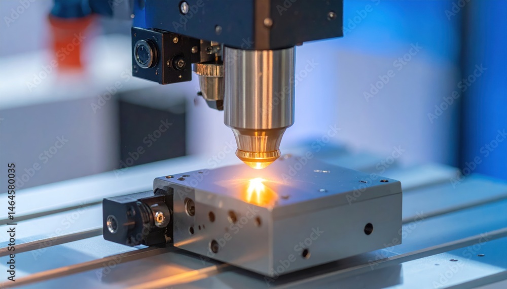 Laser Machine with Orange Light on Grey Metal Object Laser Machine with Orange Light on Grey Metal Object