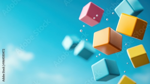 Floating blocks in vibrant colors create a playful and cheerful atmosphere, evoking feelings of creativity and imagination against a clear blue sky backdrop.