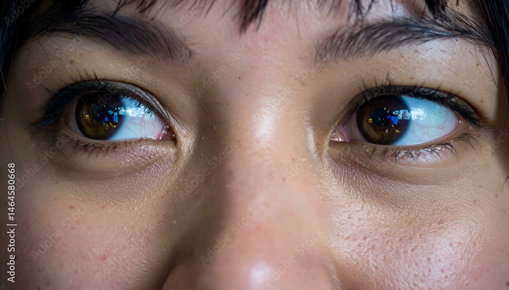 Fototapeta premium Close-up of a person's eyes, revealing intricate details of the iris, pupil, eyelashes, and surrounding skin texture.