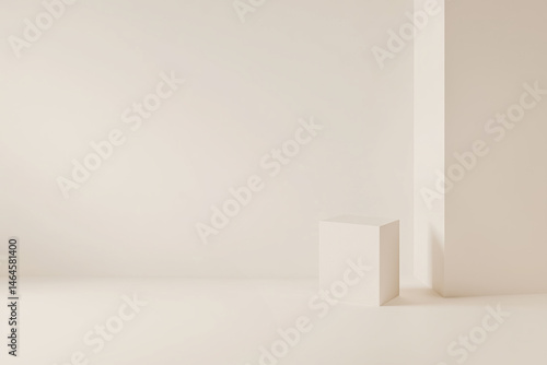 mockup. light beige cube positioned near the corner of a neutral background, emphasizing minimalism and geometric composition